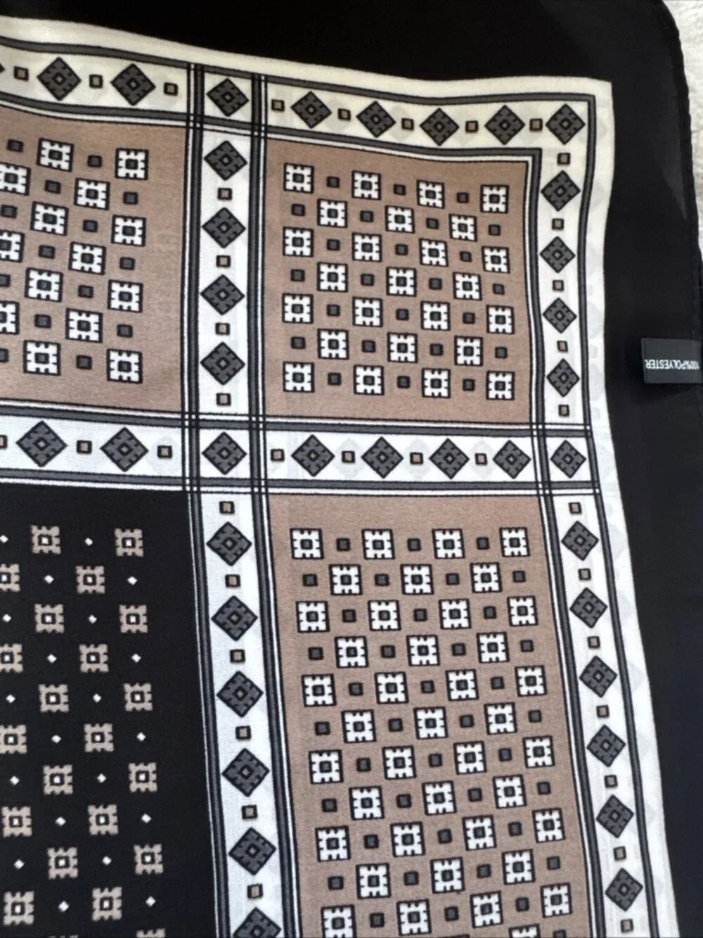 Elan 36” Square Scarf Geometric Silky Handkerchief Black Brown Cream NEW